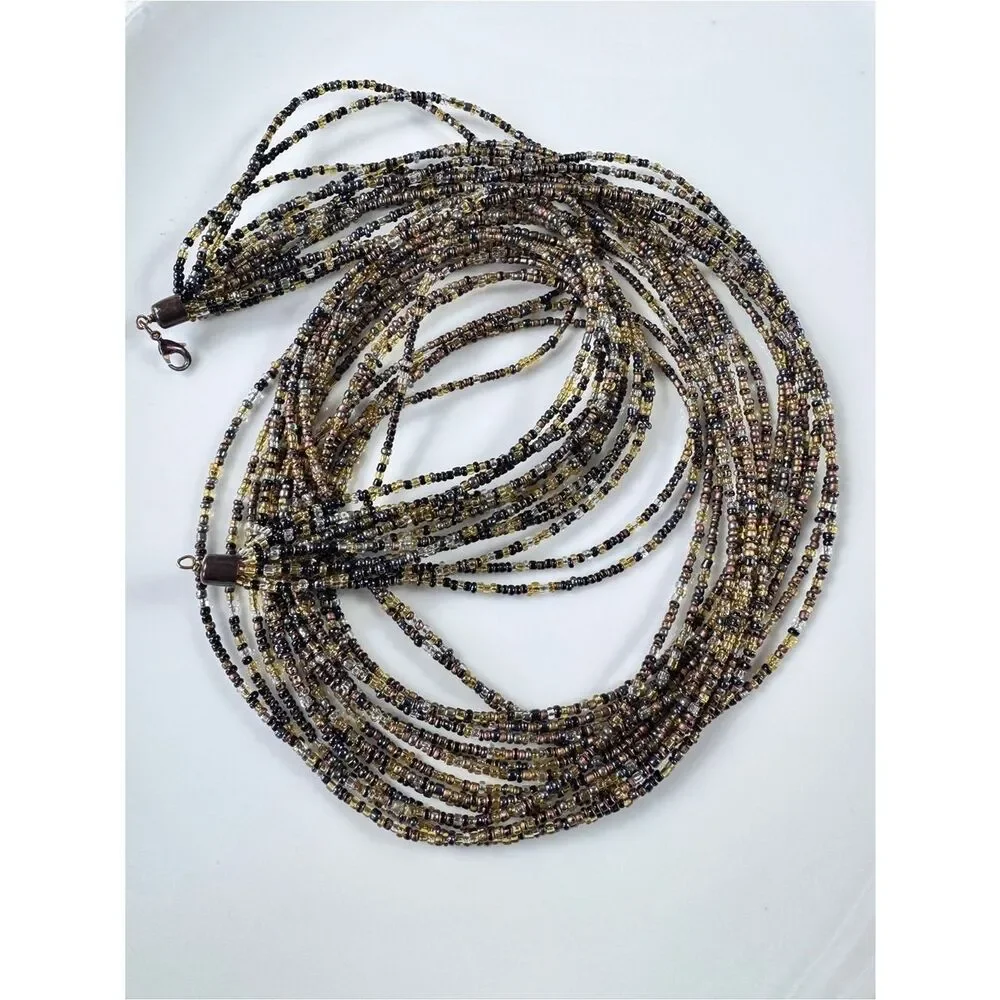 Multi-Strand Seed Bead Necklace in Black and Gold